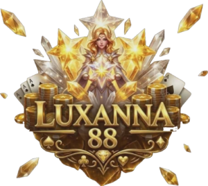 Luxanna88 online casino logo with golden female figure, star crystals, poker cards, and stacks of coins.