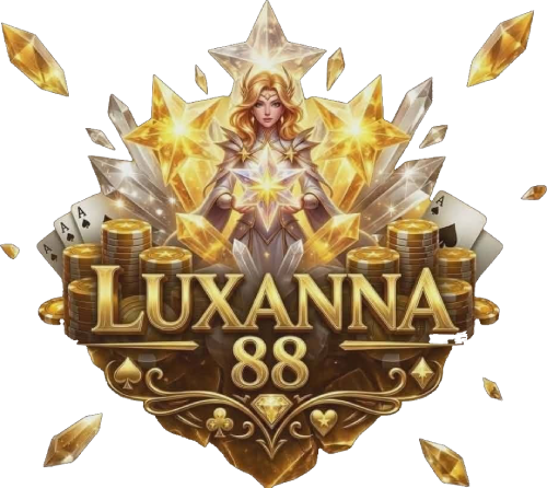 Luxanna88 online casino logo with golden female figure, star crystals, poker cards, and stacks of coins.